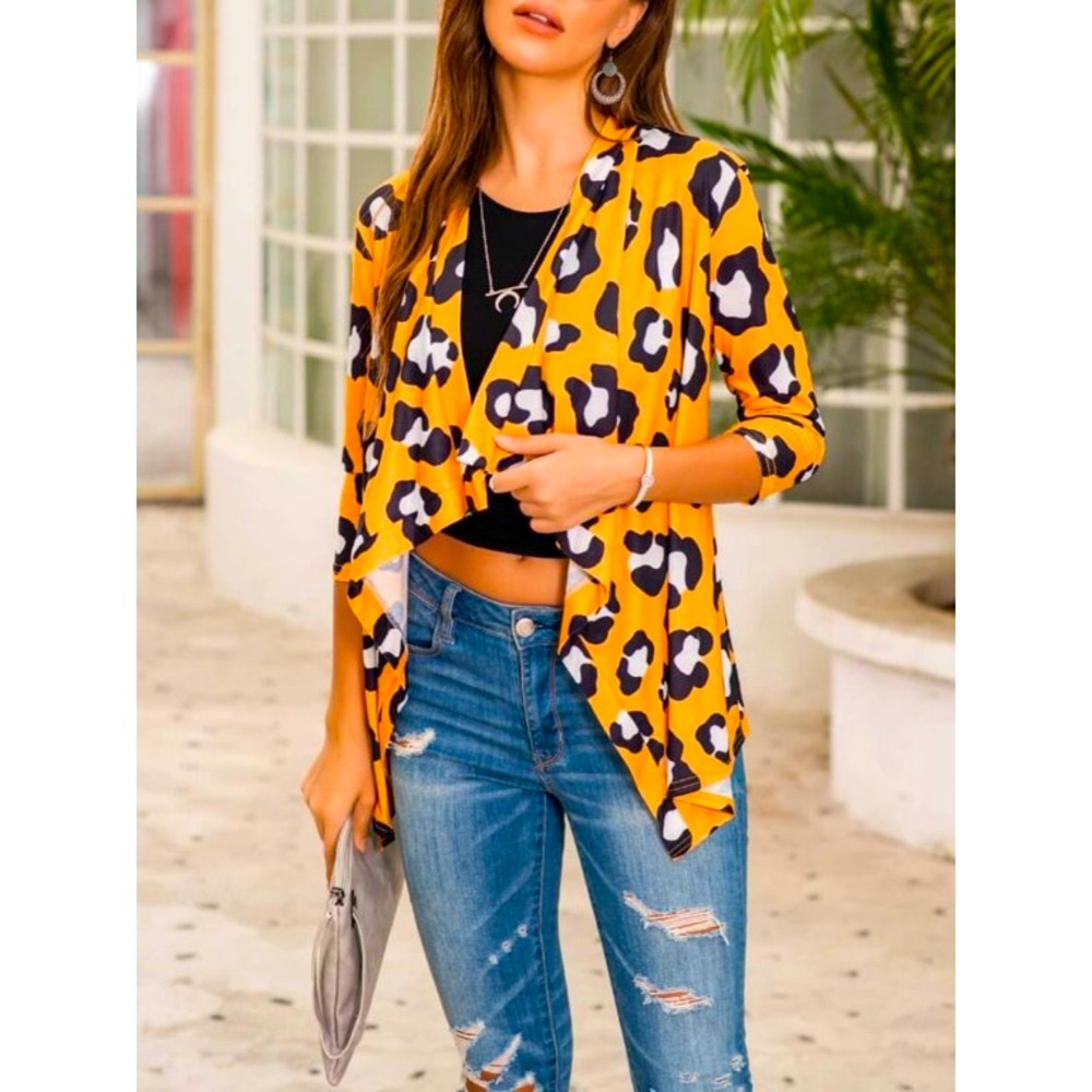 1/2 Sleeve Conventional Collar Trendy Leopard Print Asymmetrical Cardigan Tunic